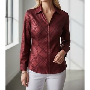 Coldwater Creek Red Plaid Zip Front Blouse Shacket Plus Size 1X Long Sleeve